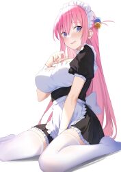 Rule 34 | 1girl, absurdres, apron, between legs, black dress, blue eyes, blush, bocchi the rock!, breasts, cube hair ornament, dress, embarrassed, frilled apron, frills, gotoh hitori, hair ornament, hand between legs, hand up, highres, large breasts, long hair, looking at viewer, maid, maid apron, niji (user gaxk2333), official alternate costume, open mouth, pink hair, short sleeves, sitting, solo, thighhighs, waist apron, wariza, white background, white thighhighs, white wrist cuffs, wrist cuffs