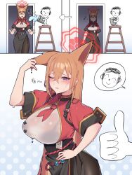 Rule 34 | !, !!, 1boy, 1girl, animal ears, doodle sensei (blue archive), black skirt, blue archive, blush, bra visible through clothes, breasts, brown hair, bucket, ear tug, fox ears, hand on own hip, highres, large breasts, long hair, musical note, one eye closed, pantyhose, prank, purple eyes, rumi (blue archive), sensei (blue archive), shirt, side slit, skirt, thumbs up, wet, wet clothes, wet shirt, yzr (yzr99)