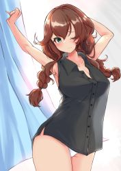 Rule 34 | 1girl, absurdres, black shirt, braid, breasts, brown hair, commentary request, curtains, dress shirt, green eyes, highres, kantai collection, komb, large breasts, noshiro (kancolle), one eye closed, panties, shirt, sleeveless, sleeveless shirt, solo, standing, stretching, swept bangs, twin braids, underwear, white panties