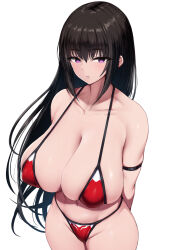 Rule 34 | 1girl, arm strap, arms behind back, bikini, black hair, breasts, cleavage, closed mouth, collarbone, highres, ishimiso (ishimura), large breasts, long hair, looking at viewer, navel, original, purple eyes, red bikini, simple background, solo, swimsuit, white background