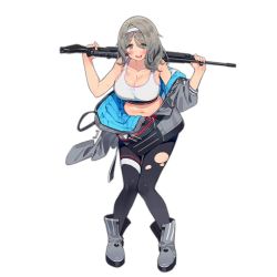 Rule 34 | 1girl, :d, bare shoulders, bipod, blush, boots, bra, breasts, clothes pull, collarbone, daewoo k3, ddal, eyes visible through hair, full body, girls&#039; frontline, grey eyes, grey footwear, grey hair, grey jacket, grey pants, gun, headband, holding, holding gun, holding weapon, jacket, jacket pull, k3 (girls&#039; frontline), large breasts, light machine gun, long hair, looking at viewer, navel, official art, open mouth, pants, scope, sidelocks, smile, solo, sweatdrop, teeth, torn clothes, transparent background, underwear, upper teeth only, weapon, white bra, wristband