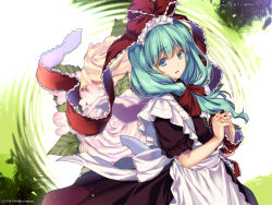 Rule 34 | 1girl, apron, artist name, blue eyes, bow, cowboy shot, dress, fingernails, flower, frilled apron, frilled ribbon, frills, front ponytail, green hair, hair bow, hair ribbon, highres, interlocked fingers, kagiyama hina, leaf, long hair, maid apron, maid headdress, monety, own hands clasped, own hands together, parted lips, pink flower, pink lips, pink rose, puffy short sleeves, puffy sleeves, red bow, red dress, red ribbon, ribbon, ripples, rose, scan, short sleeves, smile, solo, standing, touhou, waist apron, white apron, wrist ribbon