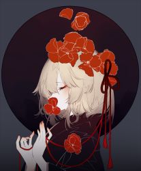 Rule 34 | 1girl, absurdres, blonde hair, covered mouth, closed eyes, eyeshadow, flower, flower on head, from side, hair flower, hair ornament, hair ribbon, highres, japanese clothes, kimono, makeup, mouth hold, nail polish, profile, red flower, red ribbon, ribbon, rumia, short hair, solo, touhou, upper body, zhixie jiaobu
