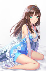 Rule 34 | 1girl, blue dress, blush, breasts, brown hair, cleavage, dress, elbow gloves, full body, glass slipper, gloves, green eyes, hamahama, hand up, high heels, highres, idolmaster, idolmaster cinderella girls, long hair, looking at viewer, medium breasts, open mouth, shibuya rin, simple background, sitting, smile, solo, tiara, wariza, white background, white gloves