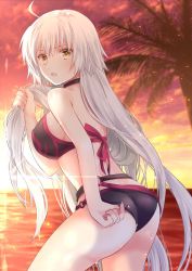 Rule 34 | 1girl, :o, ahoge, ass, back, bare arms, bare shoulders, belt, bikini, black bikini, black choker, breasts, brown eyes, choker, cloud, cloudy sky, cowboy shot, fate/grand order, fate (series), from behind, highres, holding, holding own hair, horizon, iroha (shiki), jeanne d&#039;arc (fate), jeanne d&#039;arc alter (fate), jeanne d&#039;arc alter (swimsuit berserker) (fate), large breasts, long hair, looking at viewer, looking back, ocean, open mouth, orange sky, outdoors, palm tree, sky, solo, standing, sunset, swimsuit, thighs, tree, very long hair, wet, white hair