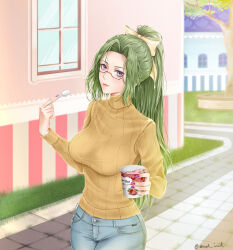 Rule 34 | 1girl, breasts, denim, glasses, green hair, hair ribbon, hanyuu mizuki, holding, jeans, large breasts, long hair, looking at viewer, outdoors, pants, purple eyes, red-framed eyewear, ribbed sweater, ribbon, solo, spoon, sweater, vampire (ova), wide hips, yellow ribbon, yellow sweater