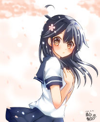 Rule 34 | 1girl, ahoge, black hair, blush, breasts, commentary request, dated, eye color request, from side, highres, kantai collection, long hair, looking at viewer, looking to the side, mashiro yukiya, miniskirt, pleated skirt, raised eyebrows, school uniform, serafuku, shirt, short sleeves, signature, skirt, solo, tsurime, ushio (kancolle), white shirt