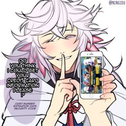 Rule 34 | 1boy, bad id, bad pixiv id, bishounen, cellphone, english text, fate/grand order, fate/stay night, fate (series), flat color, game, head tilt, highres, hood, kyou (ningiou), long hair, looking at viewer, male focus, merlin (fate/stay night), one eye closed, open mouth, phone, purple eyes, robe, simple background, smartphone, smile, solo, speech bubble, white background, white hair, white robe