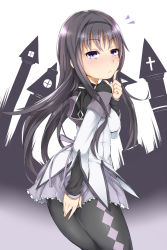 Rule 34 | 10s, 1girl, :/, akemi homura, akemi homura (magical girl), argyle, argyle clothes, argyle legwear, bad id, bad pixiv id, black hair, breasts, covering ass, covering privates, cross, finger to mouth, hairband, harushin, highres, long hair, magical girl, mahou shoujo madoka magica, mahou shoujo madoka magica (anime), pantyhose, pleated skirt, purple eyes, skirt, small breasts, solo