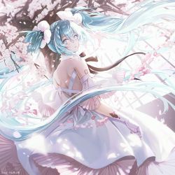 Rule 34 | 1girl, backless dress, backless outfit, bare shoulders, blue eyes, blue hair, cherry blossoms, commentary request, dress, flower, from behind, gloves, hair between eyes, haruri, hatsune miku, long hair, looking at viewer, looking back, parted lips, petals, pink flower, solo, tree, twintails, very long hair, vocaloid, white dress, white gloves