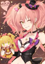 Rule 34 | 10s, 1girl, blonde hair, character doll, choker, earrings, fangs, grin, hair ribbon, hand on own hip, hand puppet, hat, heart, heart earrings, heart necklace, idolmaster, idolmaster cinderella girls, idolmaster cinderella girls starlight stage, jewelry, jougasaki mika, jougasaki rika, looking at viewer, mini hat, mini top hat, nail polish, navel, necklace, one eye closed, open mouth, paw print, pink hair, puppet, ribbon, smile, solo, star (symbol), tong1494, top hat, twintails, yellow eyes