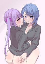 Rule 34 | 2girls, absurdres, aizawa kazuha, ass, assault lily, black shirt, blue eyes, blue hair, blush, bottomless, breasts, cleavage, clenched teeth, closed mouth, collarbone, collared shirt, commentary request, cowboy shot, face-to-face, gradient background, grey background, hair ribbon, hand on another&#039;s ass, hand up, highres, large breasts, long hair, long sleeves, looking at another, looking away, matsumura fuuka, multiple girls, parted lips, partially unbuttoned, pink ribbon, purple hair, red eyes, ribbon, saetusum, shirt, short hair, simple background, standing, sweatdrop, swept bangs, teeth, twintails