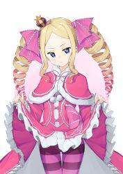 Rule 34 | 1girl, absurdres, beatrice (re:zero), blonde hair, blue eyes, blush, bow, butterfly-shaped pupils, butterfly ornament, capelet, clothes lift, commentary request, cowboy shot, crown, dress, dress lift, drill hair, fur trim, gluteal fold, hair ribbon, head tilt, highres, kouki (chancegak), large bow, lifted by self, long hair, long sleeves, looking at viewer, mini crown, nail polish, pantyhose, pink bow, pink capelet, pink dress, pink pantyhose, purple pantyhose, re:zero kara hajimeru isekai seikatsu, red nails, ribbon, skirt hold, solo, standing, striped clothes, striped pantyhose, symbol-shaped pupils, twin drills