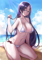 Rule 34 | 1girl, bare arms, bare legs, bare shoulders, barefoot, beach, bikini, blush, breasts, cleavage, closed mouth, collarbone, day, fate/grand order, fate (series), groin, halterneck, halterneck, highres, horizon, large breasts, long hair, looking at viewer, minamoto no raikou (fate), minatasiro, navel, ocean, outdoors, purple eyes, purple hair, sitting, smile, solo, stomach, sunlight, swimsuit, very long hair, white bikini