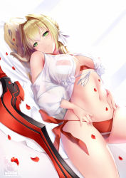 Rule 34 | 1girl, aestus estus, ahoge, artist logo, artist name, bad id, bad pixiv id, bare shoulders, bikini, bikini under clothes, blonde hair, breasts, closed mouth, commentary, criss-cross halter, english commentary, fate/grand order, fate (series), gainoob, green eyes, hair intakes, hair ribbon, halterneck, long hair, looking at viewer, lying, medium breasts, navel, nero claudius (fate), nero claudius (fate) (all), nero claudius (swimsuit caster) (fate), nero claudius (swimsuit caster) (third ascension) (fate), on back, open clothes, open shirt, petals, red bikini, ribbon, see-through, shirt, side-tie bikini bottom, smile, solo, stomach, striped bikini, striped clothes, swimsuit, sword, thighs, weapon, white ribbon, white shirt
