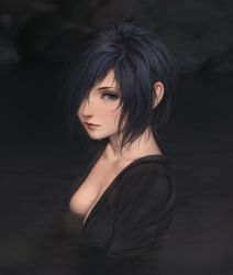 Rule 34 | 1girl, black hair, breasts, cleavage, collarbone, commentary request, expressionless, hair over one eye, highres, in water, kirishima touka, long sleeves, looking at viewer, medium breasts, miura-n315, mole, mole on breast, no bra, purple hair, realistic, short hair, solo, stone wall, tokyo ghoul, upper body, wall, water