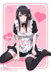 Rule 34 | 1girl, aoi suzu, apron, black dress, black hair, black thighhighs, breasts, brown footwear, cleavage, closed mouth, commission, dress, frilled apron, frilled dress, frills, heart, highres, large breasts, long hair, looking at viewer, maid, maid apron, maid headdress, mary janes, original, purple eyes, shoes, short sleeves, sidelocks, sitting, skeb commission, solo, sweatdrop, thighhighs, wariza, zettai ryouiki
