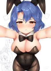 Rule 34 | 1girl, animal ears, bare shoulders, binsen, black leotard, black neckwear, blue hair, blush, bow, bowtie, breasts, brown eyes, brown pantyhose, closed mouth, collar, commentary request, covered navel, detached collar, fake animal ears, frown, groin, hair between eyes, half-closed eyes, highres, idolmaster, idolmaster million live!, large breasts, leotard, looking at viewer, multiple views, pantyhose, parted bangs, parted lips, playboy bunny, rabbit ears, reaching, reaching towards viewer, short hair, simple background, strapless, strapless leotard, tears, toyokawa fuka, translation request, white background, white collar, wing collar