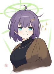 Rule 34 | &gt;:), 1girl, ahoge, black sweater, blue archive, blue eyes, blush, breasts, brown jacket, closed mouth, commentary, cropped torso, english commentary, hair ornament, hairclip, halo, highres, jacket, looking at viewer, medium breasts, open clothes, open jacket, purple hair, saki (blue archive), simple background, smile, solo, sparkle, sweater, turtleneck, turtleneck sweater, uber (29131626), upper body, v-shaped eyebrows, white background