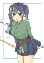 Rule 34 | 1girl, arrow (projectile), blue eyes, blue hair, blush, bou (wataame), bow (weapon), breasts, flight deck, green kimono, hair ribbon, hakama, hakama short skirt, hakama skirt, holding, holding bow (weapon), holding weapon, japanese clothes, kantai collection, kimono, leaning forward, long hair, medium breasts, open mouth, quiver, ribbon, rigging, simple background, skirt, solo, souryuu (kancolle), twintails, weapon