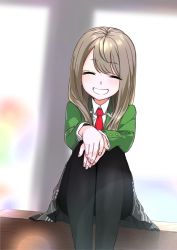 Rule 34 | #compass, 1girl, black pantyhose, black skirt, brown hair, character request, closed eyes, commentary request, cowboy shot, facing viewer, fingernails, green blazer, hands on own knees, highres, legs together, long hair, nail polish, necktie, niconico, pantyhose, pink nails, plaid, plaid skirt, poaro, red necktie, school uniform, sitting, skirt, smile, solo, thighs, window, windowsill
