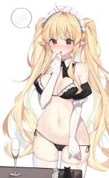 Rule 34 | 1girl, :o, ahoge, bare shoulders, bikini, black bikini, black bow, black bowtie, blonde hair, blush, bow, bowtie, breasts, chukibabo2, clipboard, commentary request, cup, detached sleeves, drinking glass, elbow gloves, frilled bikini, frilled sleeves, frills, gloves, hand to own mouth, hand up, highres, holding, holding clipboard, korean commentary, long hair, looking at viewer, maid, maid bikini, maid headdress, medium breasts, menu, navel, original, pointy ears, red eyes, short sleeves, side-tie bikini bottom, simple background, solo, speech bubble, spoken blush, standing, stomach, string bikini, suggestive fluid, swimsuit, thighhighs, twintails, unconventional maid, very long hair, wet, white background, white gloves, white thighhighs