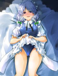 Rule 34 | 1girl, apron, apron lift, blue eyes, blue panties, blush, braid, clothes lift, highres, izayoi sakuya, lifted by self, looking at viewer, lying, maid headdress, on back, open mouth, oshiaki, panties, short sleeves, side braid, solo, touhou, twin braids, underwear, vest, white apron