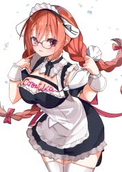 Rule 34 | 1girl, :3, absurdres, apron, black dress, blush, body writing, bow, braid, breasts, cleavage, closed mouth, commission, dress, garter straps, glasses, hair bow, highres, indie virtual youtuber, kirayama rin, large breasts, long hair, looking at viewer, maid, maid apron, maid headdress, orange hair, pastry bag, purple icing, red eyes, skeb commission, smile, solo, standing, thighhighs, twin braids, virtual youtuber, white thighhighs, wrist cuffs, yayoi asuka