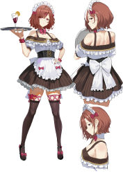 Rule 34 | 1girl, absurdres, alternate costume, apron, black thighhighs, blush, bow, breasts, brown hair, embarrassed, enmaided, full body, hair ornament, hairclip, hand on own hip, high heels, highres, higuchi madoka, idolmaster, idolmaster shiny colors, looking at viewer, maid, maid apron, maid headdress, medium breasts, mole, mole under eye, multiple views, open shoes, purple eyes, short hair, solo, strappy heels, thighhighs, toeless footwear, yuebaihezi