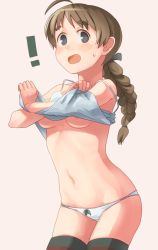 Rule 34 | !, 1girl, ahoge, areola slip, bad id, bad pixiv id, blue eyes, braid, breasts, brown hair, camisole, clothes lift, cowboy shot, hair tie, lynette bishop, makio (makiomeigenbot), navel, open mouth, panties, shirt lift, single braid, small breasts, solo, strike witches, sweatdrop, thighhighs, underboob, underwear, world witches series