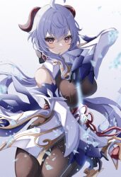 Rule 34 | 1girl, ahoge, amos&#039; bow (genshin impact), bad id, bad twitter id, bare shoulders, bell, blue gloves, blue hair, bow (weapon), breasts, brown pantyhose, chinese knot, cowboy shot, detached sleeves, drawing bow, flower knot, ganyu (genshin impact), genshin impact, gloves, gold trim, highres, holding, holding bow (weapon), holding weapon, long hair, looking at viewer, medium breasts, neck bell, pantyhose, purple eyes, sa-ya2, sidelocks, solo, tassel, vision (genshin impact), weapon, white sleeves
