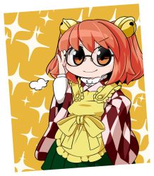 Rule 34 | 1girl, apron, bell, byourou, checkered clothes, checkered kimono, glasses, hair bell, hair ornament, japanese clothes, kimono, motoori kosuzu, red eyes, red hair, short hair, smile, solo, sparkle, touhou, twintails, two side up