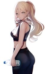 Rule 34 | 1girl, alternate hairstyle, ass, back, black pants, blonde hair, blue eyes, bottle, breasts, cowboy shot, hair between eyes, highres, kantai collection, long hair, looking at viewer, looking back, looking to the side, medium breasts, mole, mole under eye, pants, ponytail, ranran 3939, richelieu (kancolle), simple background, solo, sports bra, towel, water bottle, white background, yoga pants
