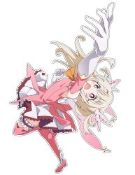 Rule 34 | 1girl, arm up, boots, bright pupils, brown hair, commentary, fate/kaleid liner prisma illya, fate (series), gloves, illyasviel von einzbern, ixy, long hair, magical girl, open mouth, pink eyes, pink footwear, pink thighhighs, prisma illya, revision, simple background, solo, thigh boots, thighhighs, white background, white gloves, white pupils