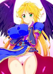 Rule 34 | 1girl, blonde hair, breasts, breath of fire, breath of fire ii, cameltoe, capcom, cleft of venus, clothes lift, dress, dress lift, female focus, green eyes, long hair, nina (breath of fire ii), panties, smile, solo, underwear, white background, wings