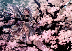 Rule 34 | 1girl, black ribbon, blue hat, blue ribbon, bug, butterfly, cherry blossoms, floating, flower, folding fan, frills, ghost, glowing, hand fan, hat, highres, hitodama, in tree, insect, japanese clothes, kimono, long sleeves, miyuki ruria, mob cap, night, obi, outdoors, outstretched arm, outstretched arms, petals, pink eyes, pink hair, red eyes, ribbon, ribbon-trimmed sleeves, ribbon trim, saigyouji yuyuko, sandals, sash, scenery, short hair, smile, socks, solo, tabi, touhou, transparent, tree, triangular headpiece, white socks, wide sleeves