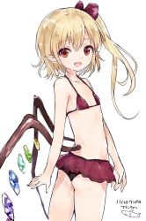 Rule 34 | 1girl, asymmetrical hair, back, bikini, blonde hair, blush, bow, crystal, dated, fang, flandre scarlet, fushimi sameta, hair ornament, hair ribbon, looking at viewer, low wings, m-sama, open mouth, pointy ears, ponytail, red bikini, red eyes, ribbon, side ponytail, simple background, smile, solo, swimsuit, touhou, white background, wings