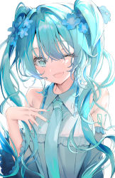 Rule 34 | 00nanona, 1girl, absurdres, bad id, bad twitter id, bare shoulders, blue eyes, blue hair, blue nails, blue necktie, blue shirt, collared shirt, detached sleeves, flower, frills, hair flower, hair intakes, hair ornament, hatsune miku, highres, long hair, looking at viewer, nail polish, necktie, one eye closed, open mouth, shirt, simple background, solo, twintails, upper body, vocaloid, white background, wide sleeves