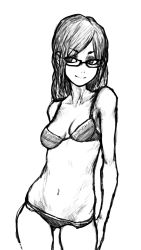 Rule 34 | 1girl, bra, breasts, contrapposto, glasses, highres, monochrome, panties, simple background, skinny, solo, underwear, wabaki, white background