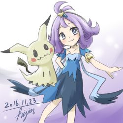 Rule 34 | 1girl, 2016, :3, acerola (pokemon), armlet, blue dress, blue eyes, blush, bright pupils, closed mouth, collarbone, creatures (company), dated, dress, elite four, flat chest, flipped hair, game freak, gen 7 pokemon, hair ornament, half updo, highres, hisin, mimikyu, nintendo, open mouth, pokemon, pokemon (creature), pokemon sm, purple hair, short hair, short sleeves, signature, smile, spoilers, stitches, topknot, torn clothes, torn dress, trial captain