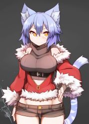 Rule 34 | 1girl, animal ear fluff, animal ears, bare shoulders, blue hair, blush, breasts, cat ears, cat tail, closed mouth, fur trim, groin, hand on own hip, looking at viewer, medium breasts, orange eyes, original, pantyhose, ryota tentei, scar, short hair, shorts, solo, tail, tora tentei, yellow eyes