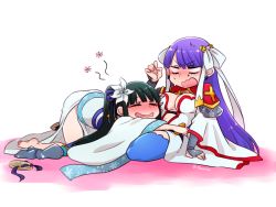 Rule 34 | 2girls, armor, black hair, blush, breasts, capelet, chinese clothes, dress, closed eyes, fate/grand order, fate (series), flower, hair ornament, jing ke (fate), long hair, martha (fate), multiple girls, open mouth, ponytail, purple hair, saliva, sandals, thighhighs