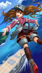 Rule 34 | 10s, 1girl, :d, abazu-red, aircraft carrier, blue sky, brown eyes, brown hair, day, dutch angle, flying, from behind, highres, island, japanese clothes, kantai collection, kariginu, long hair, long sleeves, looking at viewer, looking back, machinery, mecha musume, military, military vehicle, ocean, open mouth, outdoors, outstretched arms, pleated skirt, ryuujou (kancolle), ship, shore, skirt, sky, smile, solo, twintails, visor cap, warship, watercraft