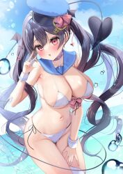 Rule 34 | 1girl, :o, ayuma sayu, bare shoulders, bikini, black hair, blue hat, blush, breasts, choker, cleavage, collarbone, commentary request, demon tail, front-tie bikini top, front-tie top, hair ornament, hand up, hat, hat ornament, highres, large breasts, long hair, looking at viewer, navel, open mouth, original, outdoors, purple choker, red eyes, side-tie bikini bottom, sideboob, solo, stomach, string bikini, swimsuit, tail, thighs, twintails, underboob, very long hair, water, wet, white bikini