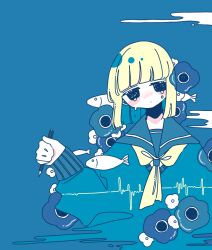 Rule 34 | 1girl, anemone (flower), black eyes, blonde hair, blue background, blue flower, blue hair, blue sailor collar, blue shirt, blunt bangs, blush stickers, bob cut, colored inner hair, crying, crying with eyes open, fish, flower, head tilt, holding, holding pencil, jitome, long sleeves, looking at viewer, mechanical pencil, multicolored hair, neckerchief, no pupils, original, pencil, sailor collar, school uniform, serafuku, shirt, sidelocks, simple background, sleeve cuffs, smoke, solo, sound wave, sskitaco, tears, upper body, yellow neckerchief