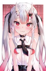 Rule 34 | 1girl, bare shoulders, belt, black belt, black collar, black necktie, blush, brown skirt, chest belt, closed mouth, collar, collared shirt, dress shirt, fang, gradient hair, hair ornament, hair ribbon, hairclip, highres, himexin, hololive, horns, long hair, looking at viewer, multicolored hair, nakiri ayame, nakiri ayame (streetwear), necktie, oni, red eyes, red hair, ribbon, shirt, silver hair, skin-covered horns, skin fang, skirt, sleeveless, sleeveless shirt, smile, solo, streaked hair, tie clip, upper body, v arms, virtual youtuber, white shirt, x hair ornament