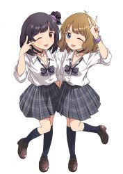 2girls :p absurdres ahoge arm_behind_back bangle black_bow black_bowtie black_choker black_hair black_nails black_socks blue_eyes blunt_bangs blush bow bowtie bracelet breasts brown_eyes brown_hair brown_shoes choker collarbone collared_shirt concept_gyarus_(idolmaster) diagonal-striped_bow diagonal-striped_bowtie diagonal-striped_clothes dot_nose full_body grey_skirt gyaru hair_ornament hair_scrunchie hand_up heart heart_choker highres idolmaster idolmaster_million_live! idolmaster_million_live!_theater_days jewelry loafers looking_at_viewer loose_bowtie medium_hair multiple_girls nakatani_iku official_alternate_costume one_eye_closed open_collar plaid_clothes plaid_skirt pleated_skirt purple_scrunchie school_uniform scrunchie shirt shoes short_hair side_ponytail sidelocks silver_bangle silver_bracelet silver_ring simple_background skirt sleeves_rolled_up small_breasts socks standing striped_clothes suou_momoko tongue tongue_out v v-shaped_eyebrows wavy_hair white_background white_shirt wrist_scrunchie yukipo_p