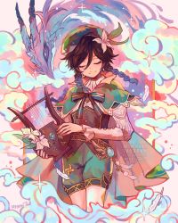 Rule 34 | 1boy, black hair, blue hair, bow, braid, cape, closed eyes, closed mouth, cloud, dragon, dragon horns, dvalin (genshin impact), feathers, flower, gem, genshin impact, gradient hair, green hat, hair flower, hair ornament, hat, highres, holding, holding instrument, horns, instrument, leaf, leaf hair ornament, long sleeves, lyre, male focus, multicolored hair, pantyhose, ribbon, say0ran, shorts, smile, solo, sparkle, trap, twin braids, venti (genshin impact), vision (genshin impact), white flower, white pantyhose