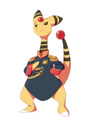 Rule 34 | ampharos, clothed pokemon, commentary, commission, creature, creatures (company), english commentary, frown, full body, game freak, gen 2 pokemon, highres, looking at viewer, medal, military, military uniform, nintendo, no humans, pokemon, pokemon (creature), salanchu, serious, simple background, solo, uniform, white background