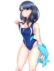 Rule 34 | 1girl, bad id, bad pixiv id, black hair, blue eyes, blue one-piece swimsuit, blue towel, breasts, cleavage, clothes pull, collarbone, commentary request, competition swimsuit, cowboy shot, gridman universe, highleg, highleg swimsuit, highres, jinmenjin, large breasts, long hair, one-piece swimsuit, one-piece swimsuit pull, simple background, solo, ssss.gridman, standing, straight hair, swimsuit, takarada rikka, towel, transparent background, white background